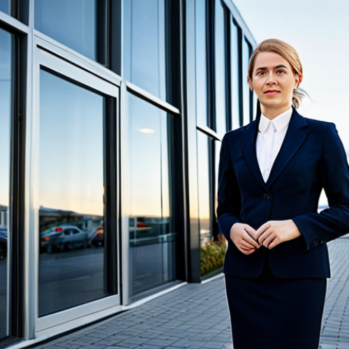 Home 22 **
A professional businesswoman in a modest business suit, standing in front of a modern office building in Reykjavik, Iceland. She is fully clothed in appropriate attire for a business environment. The scene is well-lit, showcasing the architecture and a sense of productivity. Safe for work, appropriate content, perfect anatomy, natural proportions, professional.
**