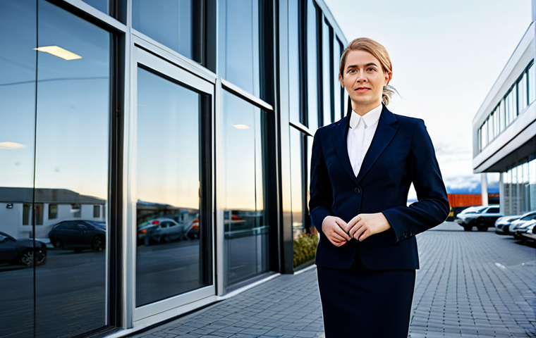 **
A professional businesswoman in a modest business suit, standing in front of a modern office building in Reykjavik, Iceland. She is fully clothed in appropriate attire for a business environment. The scene is well-lit, showcasing the architecture and a sense of productivity. Safe for work, appropriate content, perfect anatomy, natural proportions, professional.
**