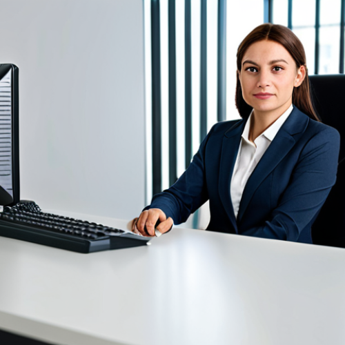 Home 21 **
A professional businesswoman in a modest business suit, sitting at a desk in a modern office, fully clothed, appropriate attire, safe for work, perfect anatomy, natural proportions, professional photography, high quality.
**