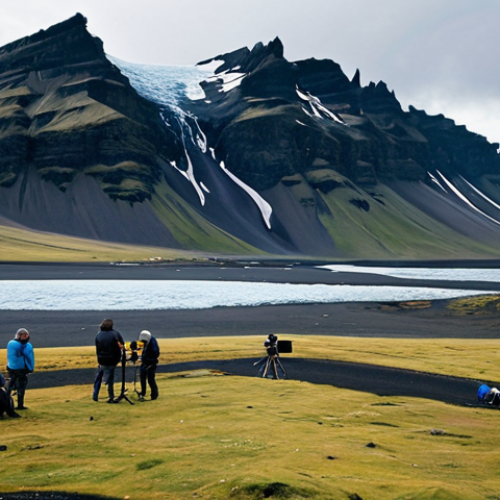 Home 20 **
A scenic view of Iceland's dramatic landscape, featuring mountains and glaciers, with a film crew discreetly positioned in the foreground, shooting a scene. Fully clothed actors in modest, practical clothing are visible but not the focus. The scene should evoke a sense of cinematic grandeur and the power of nature. Safe for work, appropriate content, fully clothed, professional, landscape photography, high quality.
**