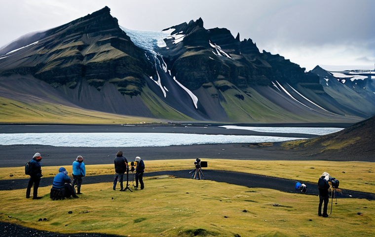 **

A scenic view of Iceland's dramatic landscape, featuring mountains and glaciers, with a film crew discreetly positioned in the foreground, shooting a scene. Fully clothed actors in modest, practical clothing are visible but not the focus. The scene should evoke a sense of cinematic grandeur and the power of nature. Safe for work, appropriate content, fully clothed, professional, landscape photography, high quality.

**