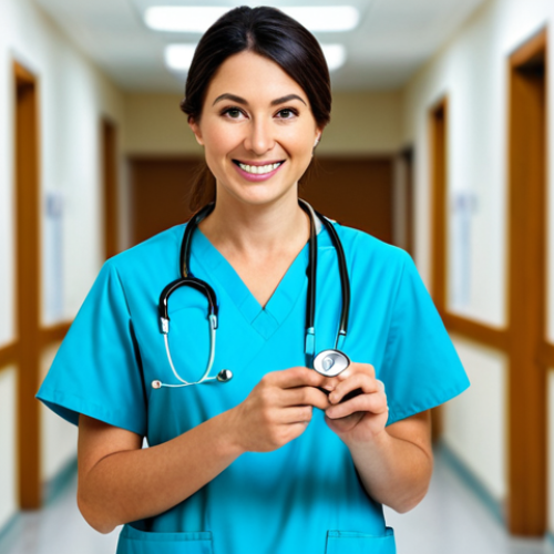 Home 9 **
A professional female doctor in a modest, light blue scrub suit, standing in a clean and bright hospital hallway. She has a friendly smile and is holding a stethoscope. Background shows blurred medical equipment and nurses. Safe for work, appropriate content, fully clothed, professional, perfect anatomy, natural proportions, high quality medical photography.
**