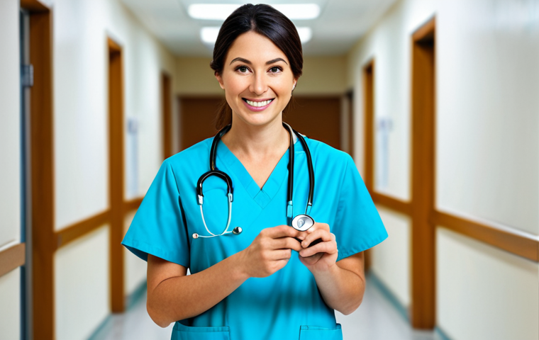 **

A professional female doctor in a modest, light blue scrub suit, standing in a clean and bright hospital hallway. She has a friendly smile and is holding a stethoscope. Background shows blurred medical equipment and nurses. Safe for work, appropriate content, fully clothed, professional, perfect anatomy, natural proportions, high quality medical photography.

**