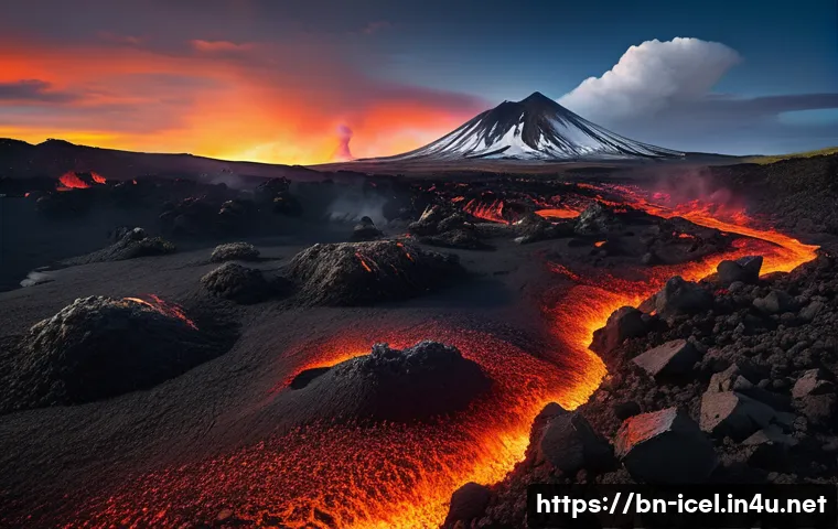 아이슬란드 화산 활동 - A breathtaking panoramic view of Iceland&rsquo;s volcanic landscape featuring the active Hekla volcano eru...