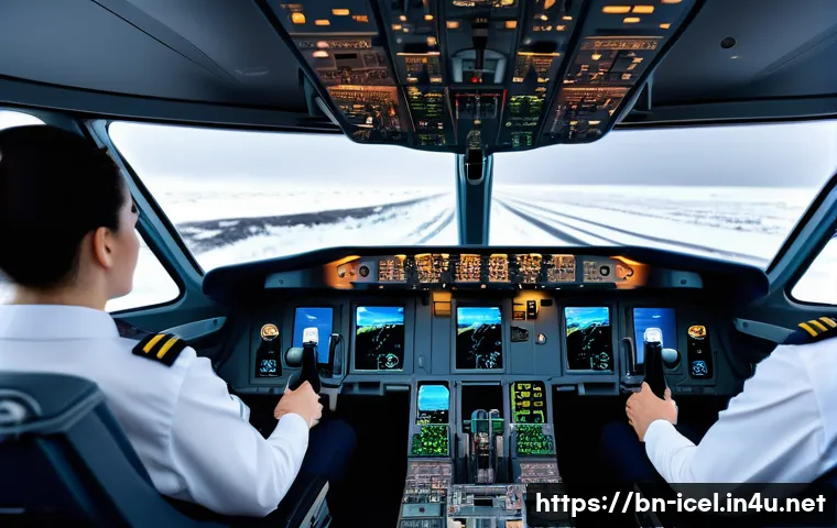 아이슬란드 항공 사고 기록 - A detailed scene of Iceland Airlines cabin crew and pilots coordinating inside a modern airplane coc...