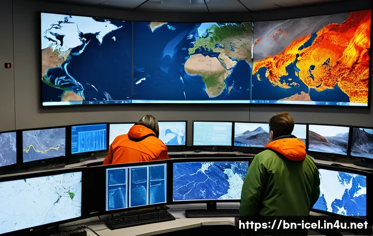 아이슬란드 자연재해 대처법 - A detailed scene of Icelandic scientists monitoring volcanic activity using advanced seismographs an...
