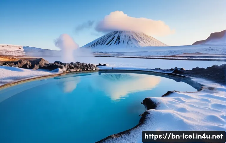아이슬란드 온천과 지열 발전 - A serene Icelandic geothermal hot spring surrounded by snow-covered volcanic mountains, with a diver...