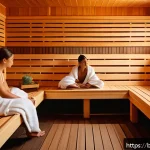 Home 18 레이캬비크 핀란드식 사우나 체험 - A serene scene inside a traditional Reykjavik sauna featuring a diverse group of people relaxing tog...