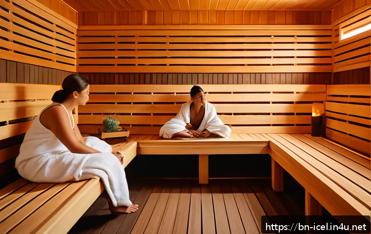 레이캬비크 핀란드식 사우나 체험 - A serene scene inside a traditional Reykjavik sauna featuring a diverse group of people relaxing tog...