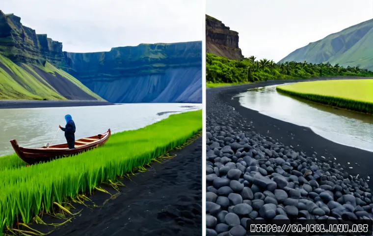 아이슬란드와 다른 나라 비교 - Photorealistic split-screen comparison of Iceland and Bangladesh: left side dramatic Icelandic black...