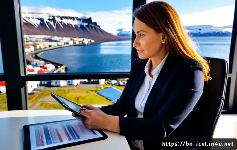 아이슬란드 출신 기업인 및 경제학자 - Photorealistic portrait of an Icelandic businesswoman economist in her early 50s, seated at a clean ...