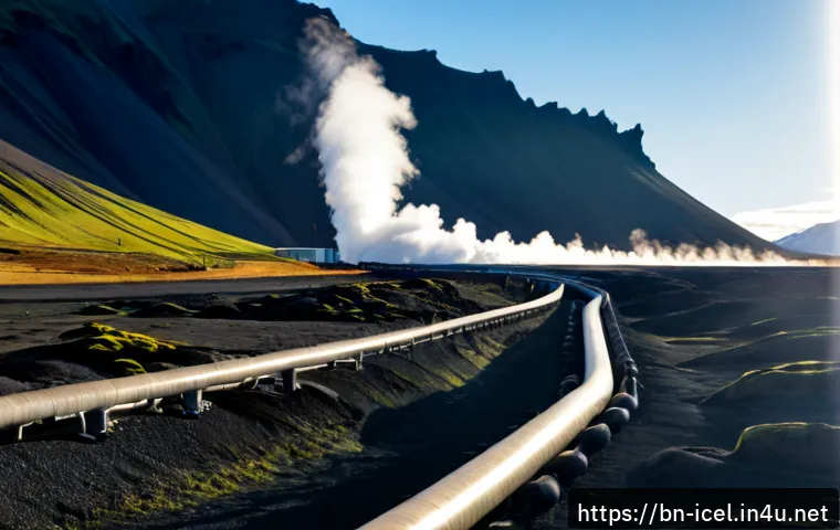 아이슬란드의 친환경 에너지 산업 - Photorealistic wide landscape of Iceland’s renewable energy industry, modern geothermal power plant ...
